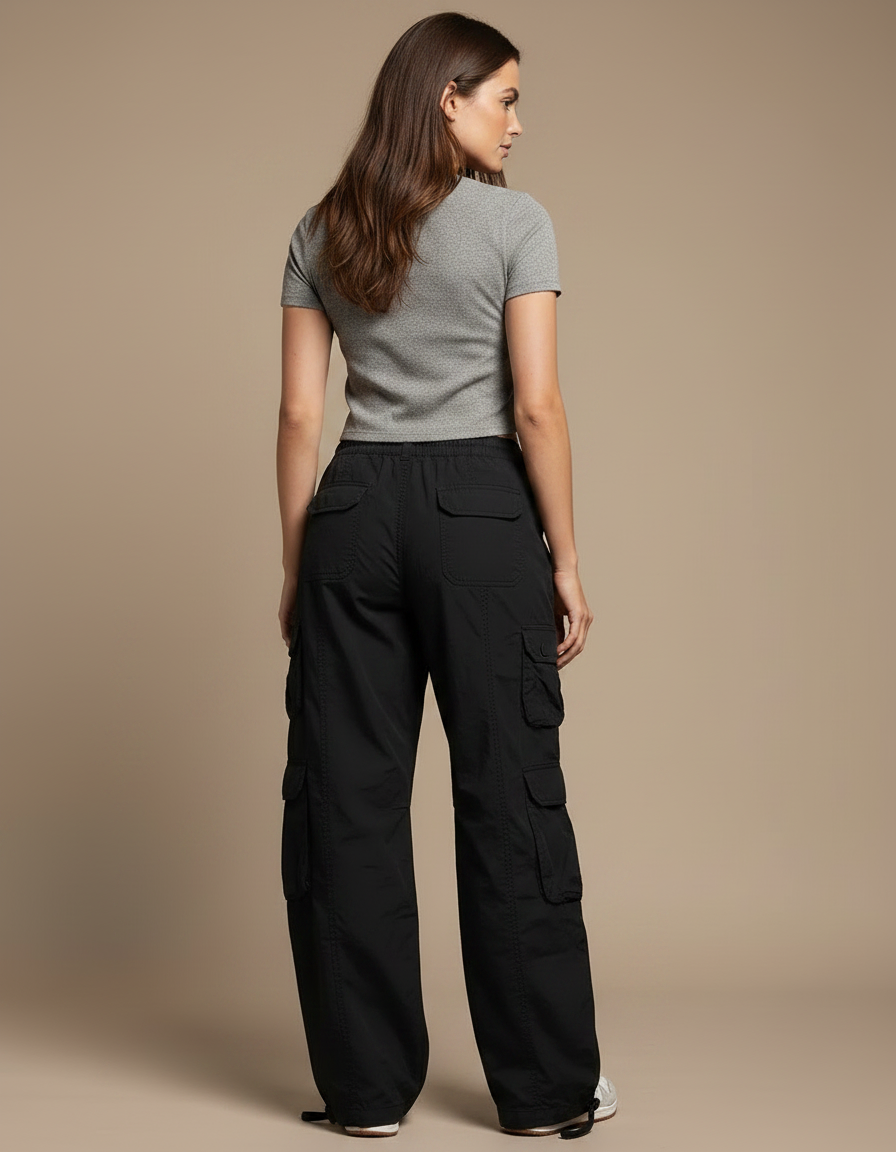 Pantalon Parachute Noir Ample Cargo Streetwear Femme - Toile - vue 2