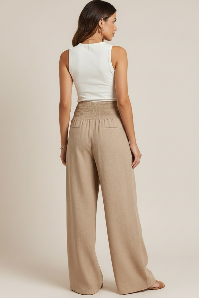 Pantalon Parachute Beige Ample Smocké Plissé Lin Femme - vue 2