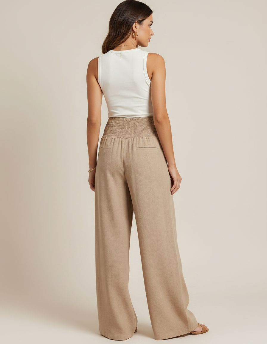 Pantalon Parachute Beige Ample Smocké Plissé Lin Femme - vue 2