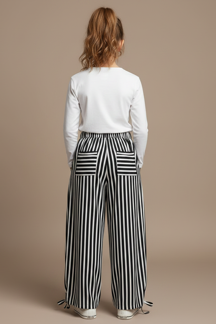 Pantalon Parachute Rayé Noir Blanc Ample - Imprimé Viscose - vue 2