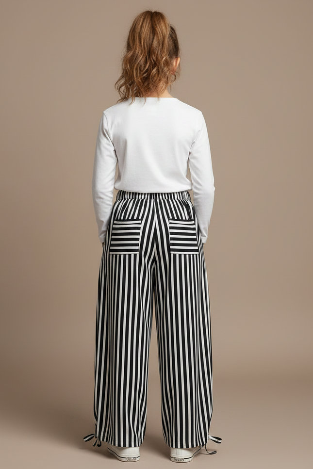 Pantalon Parachute Rayé Noir Blanc Ample - Imprimé Viscose - vue 2