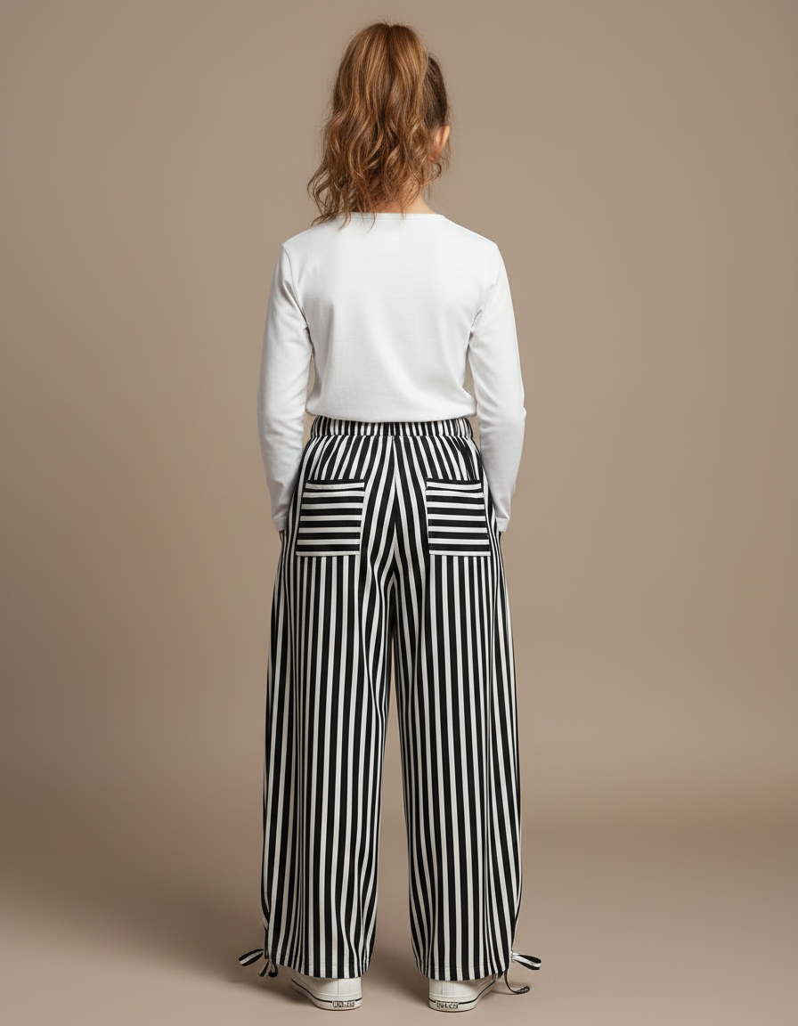 Pantalon Parachute Rayé Noir Blanc Ample - Imprimé Viscose - vue 2
