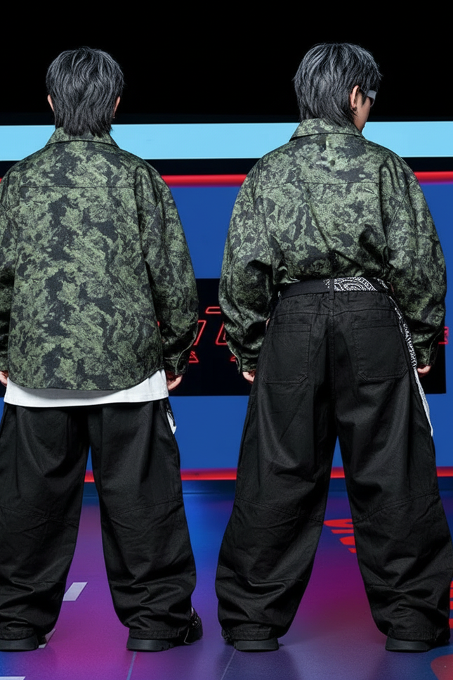 Pantalon Parachute Noir Cargo Ample Unisexe Bandana - Jean