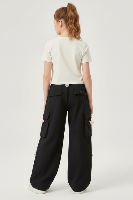 Pantalon Parachute Noir Cargo Ample Bowknot Fille - Polyester - vue 2