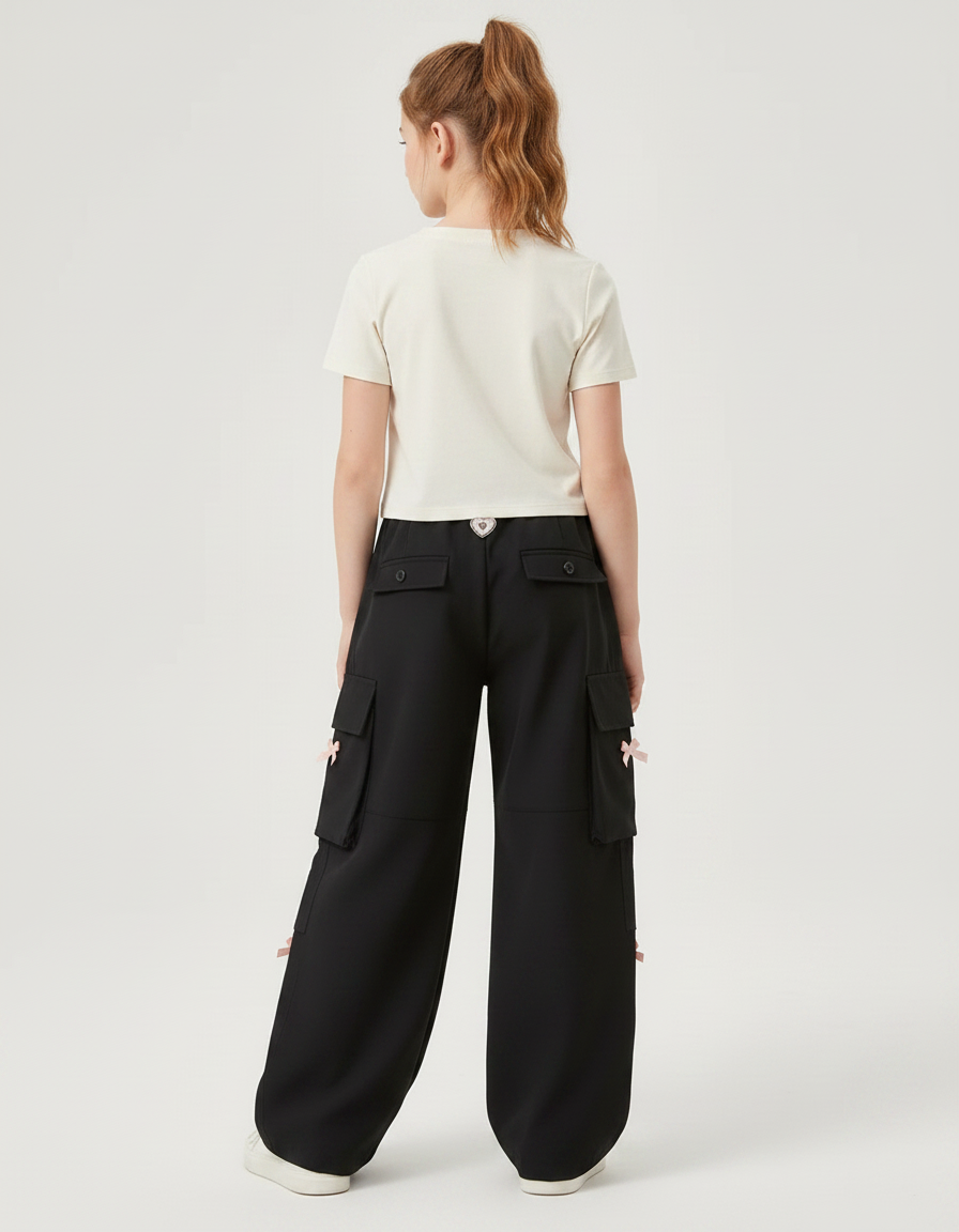 Pantalon Parachute Noir Cargo Ample Bowknot Fille - Polyester - vue 2