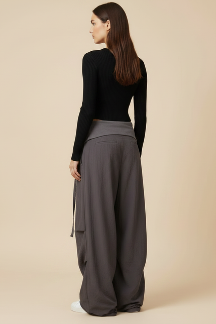 Pantalon Parachute Gris Ample Décontracté Plissé - Polyester - vue 2