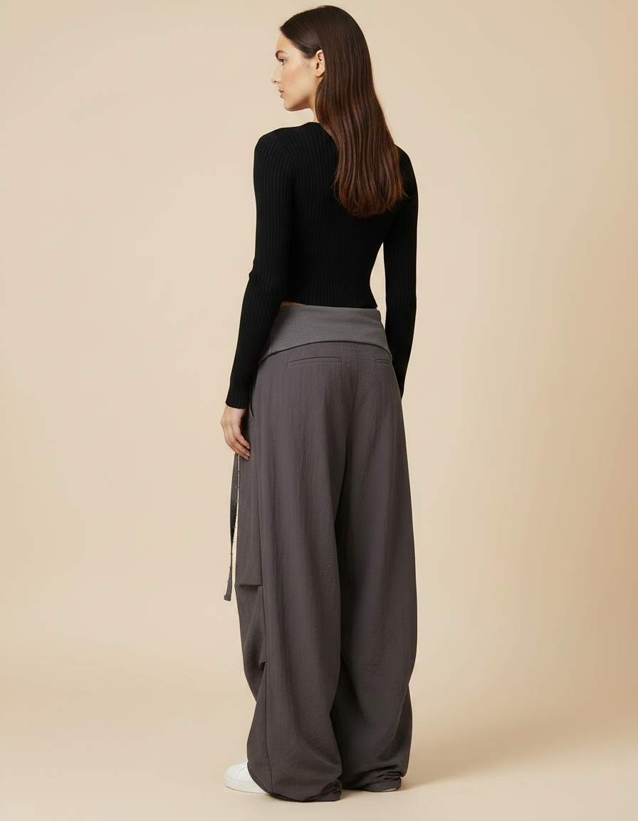 Pantalon Parachute Gris Ample Décontracté Plissé - Polyester - vue 2