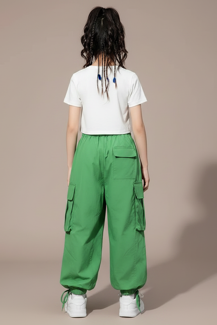 Pantalon Parachute Vert Ample Cargo Coréen Fille - Polyester - vue 2
