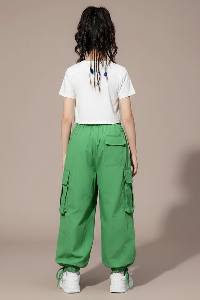 Pantalon Parachute Vert Ample Cargo Coréen Fille - Polyester - vue 2