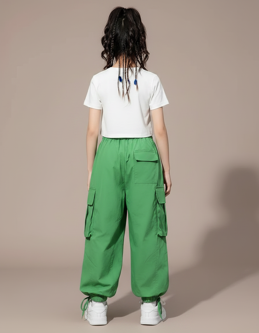 Pantalon Parachute Vert Ample Cargo Coréen Fille - Polyester - vue 2