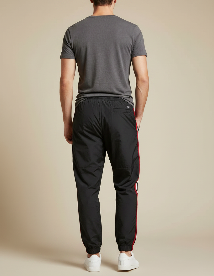 Pantalon Parachute Noir Bandes Latérales Rouges Blanc Casual - Polyester - vue 2