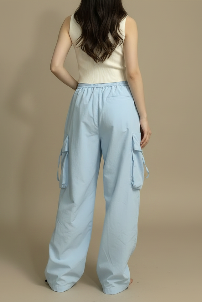 Pantalon Parachute Bleu Ciel Ample Brodé Décontracté Femme - Polyester - vue 2