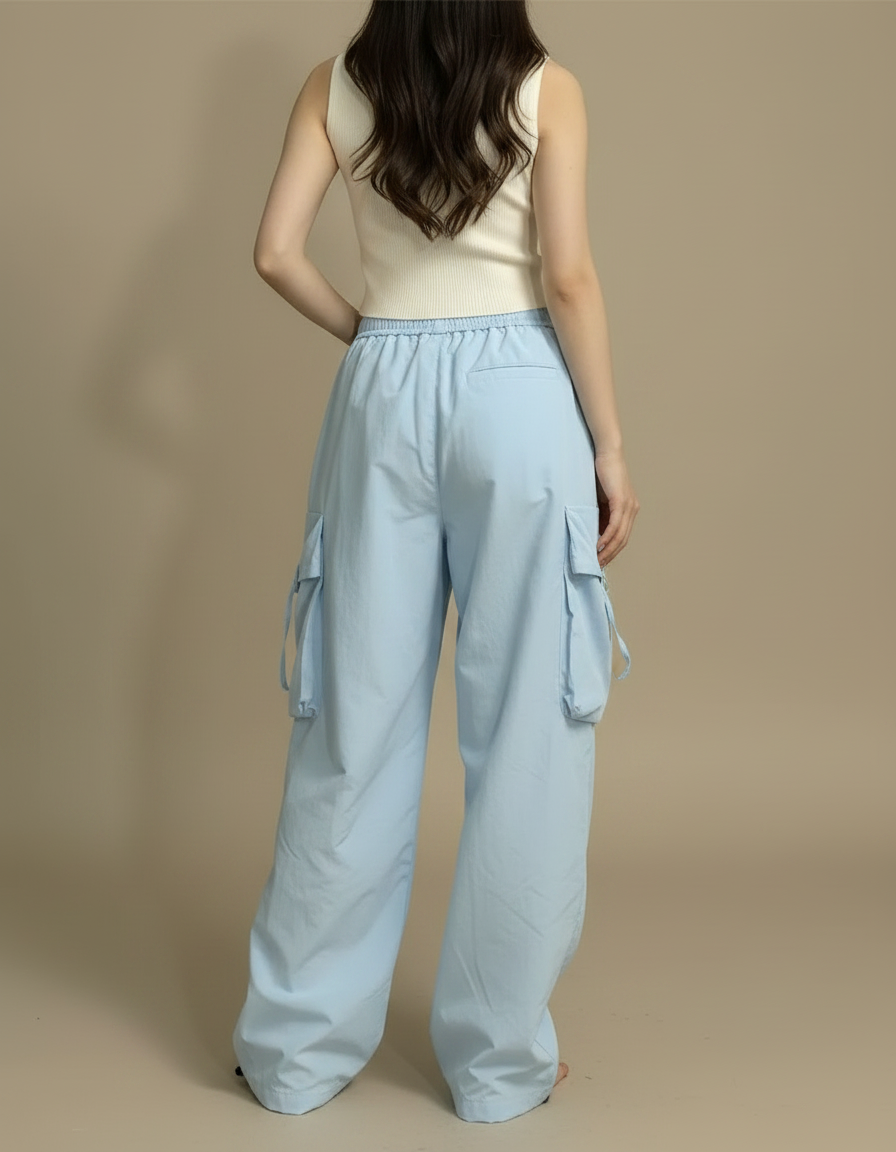 Pantalon Parachute Bleu Ciel Ample Brodé Décontracté Femme - Polyester - vue 2