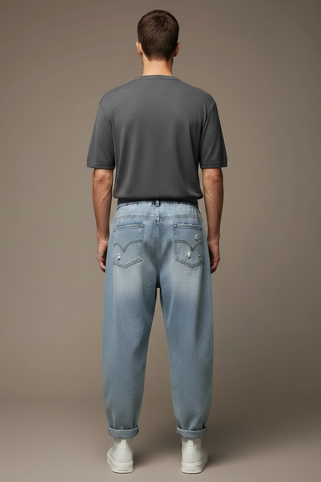 Pantalon Parachute Homme Denim Ample Délavé Déchiré Cordon - Bleu Jean - vue 2