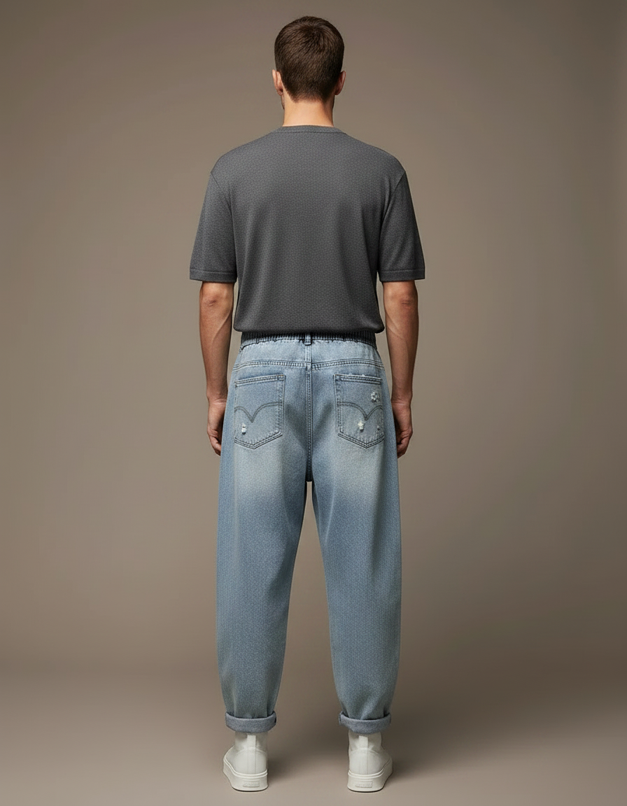 Pantalon Parachute Homme Denim Ample Délavé Déchiré Cordon - Bleu Jean - vue 2