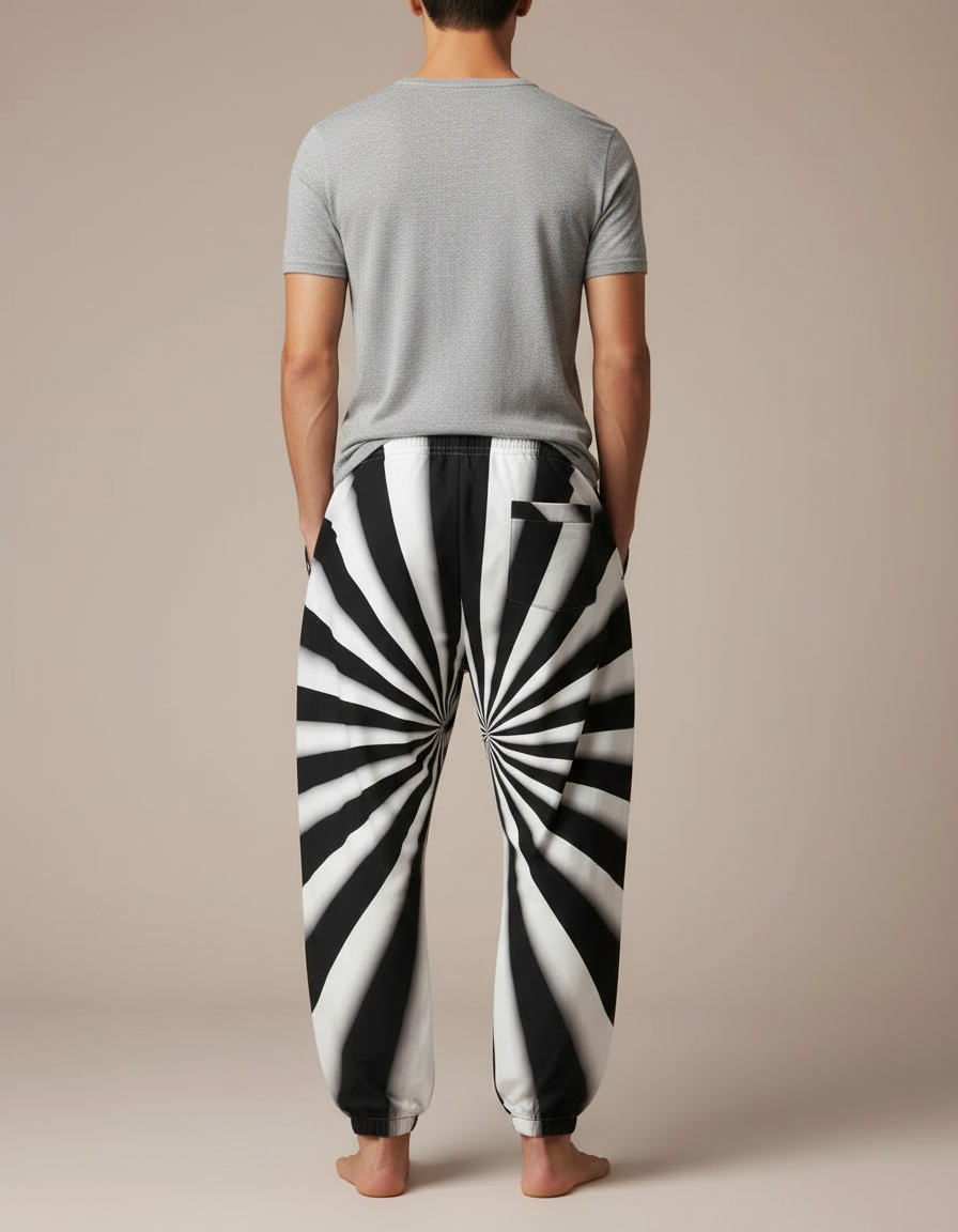 Pantalon Parachute Rayé Noir Blanc Ample Décontracté Homme - Imprimé Polyester - vue 2