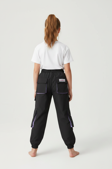 Pantalon Parachute Noir Violet Cargo Ample Streetwear Sportif - Polyester - vue 2