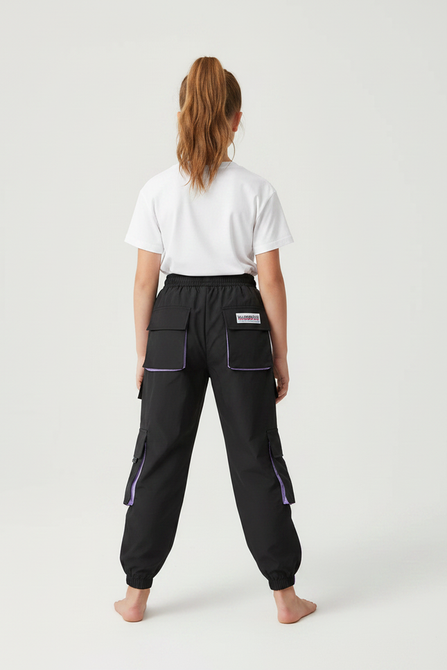Pantalon Parachute Noir Violet Cargo Ample Streetwear Sportif - Polyester - vue 2