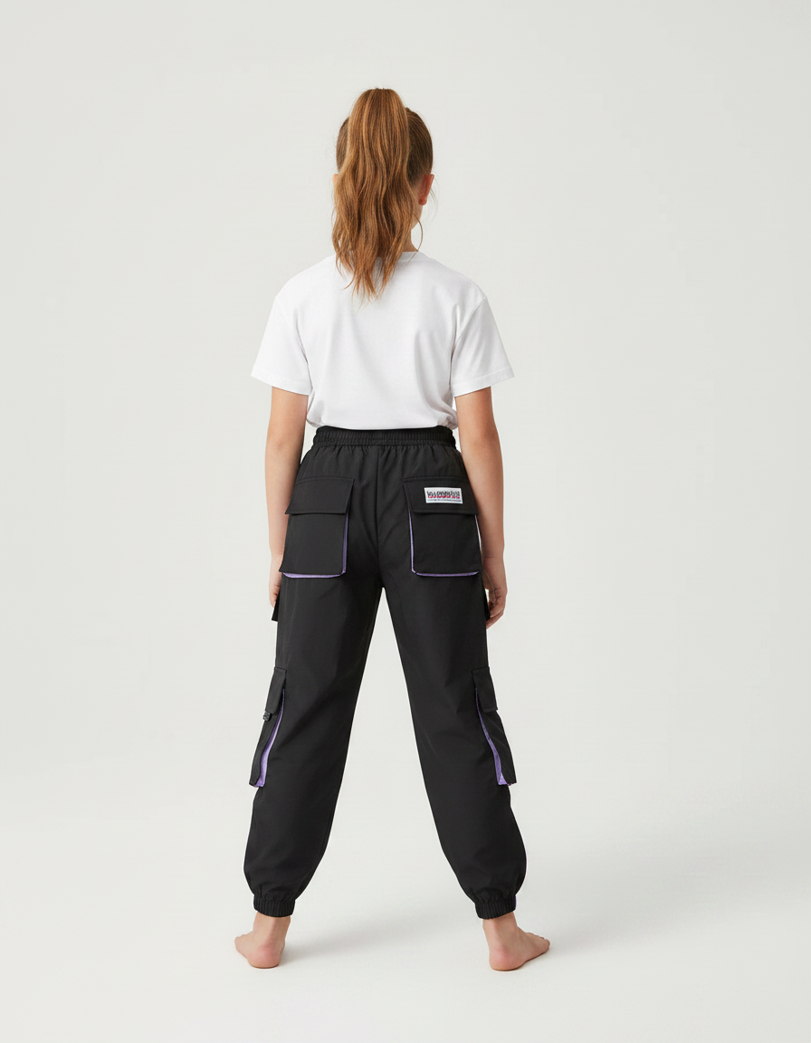 Pantalon Parachute Noir Violet Cargo Ample Streetwear Sportif - Polyester - vue 2
