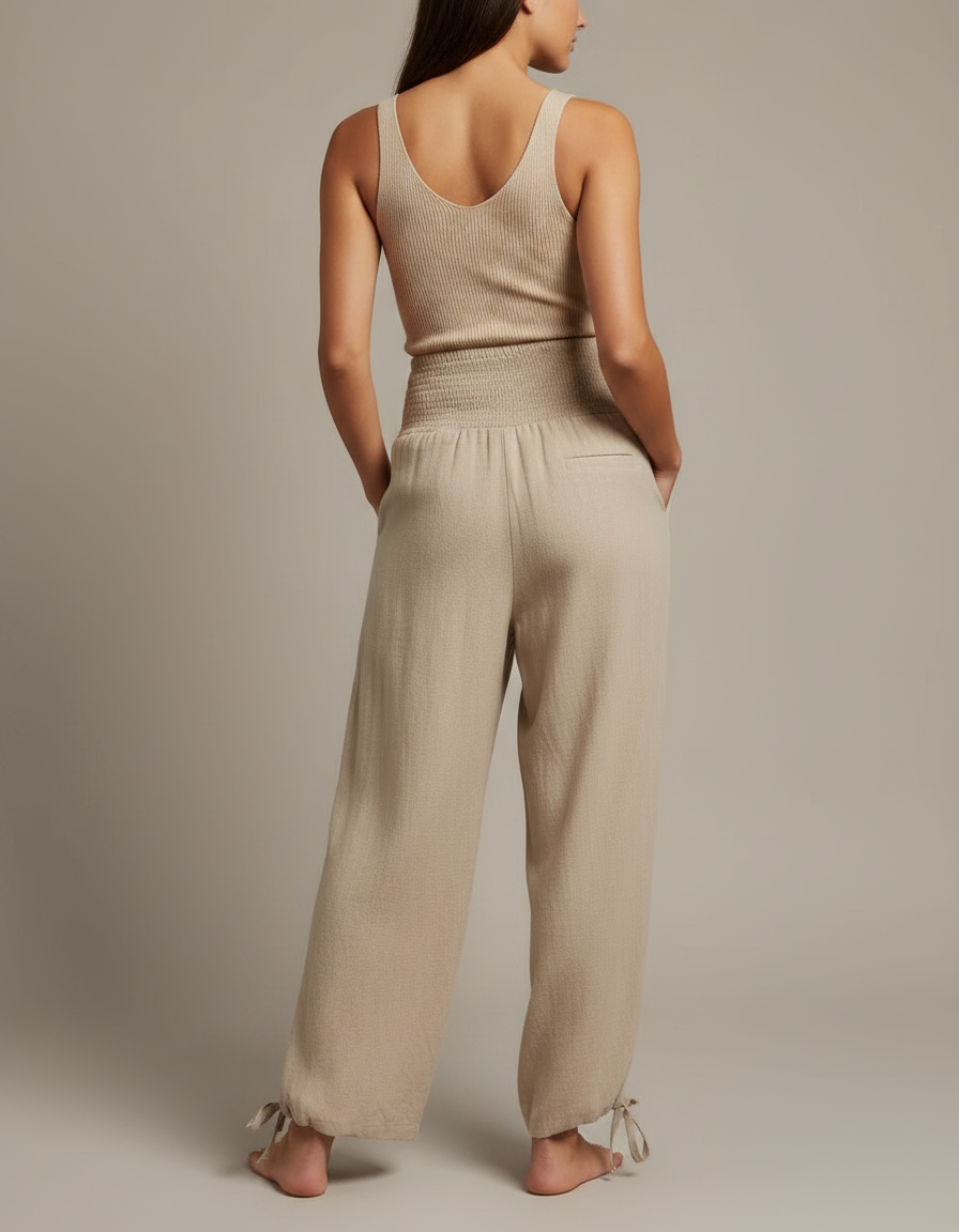 Pantalon Parachute Beige Ample Smocké Cordon Femme - Lin - vue 2