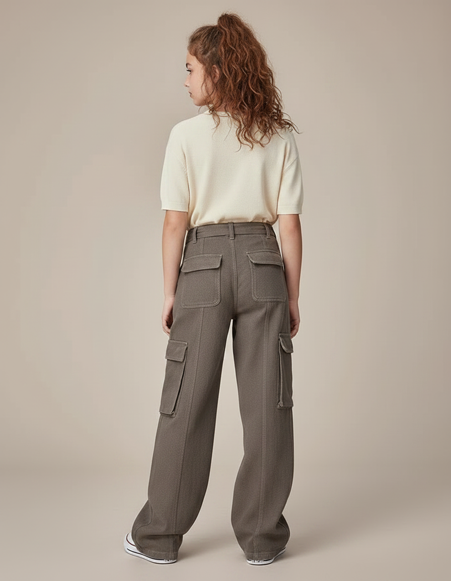 Pantalon Parachute Kaki Cargo Ample Fille Ceinture - Toile - vue 2