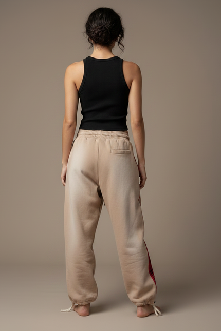Pantalon Parachute Beige Ample Rayures Rouges Hip-Hop - Molleton - vue 2