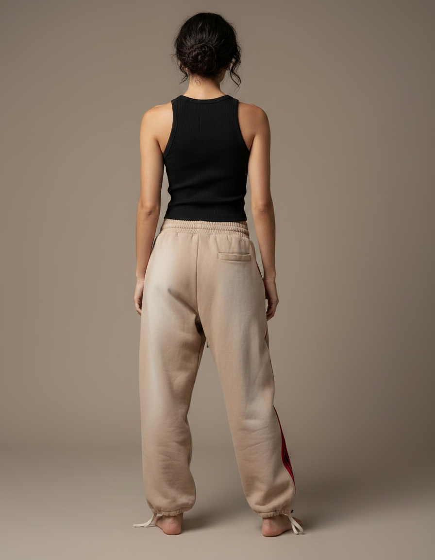 Pantalon Parachute Beige Ample Rayures Rouges Hip-Hop - Molleton - vue 2