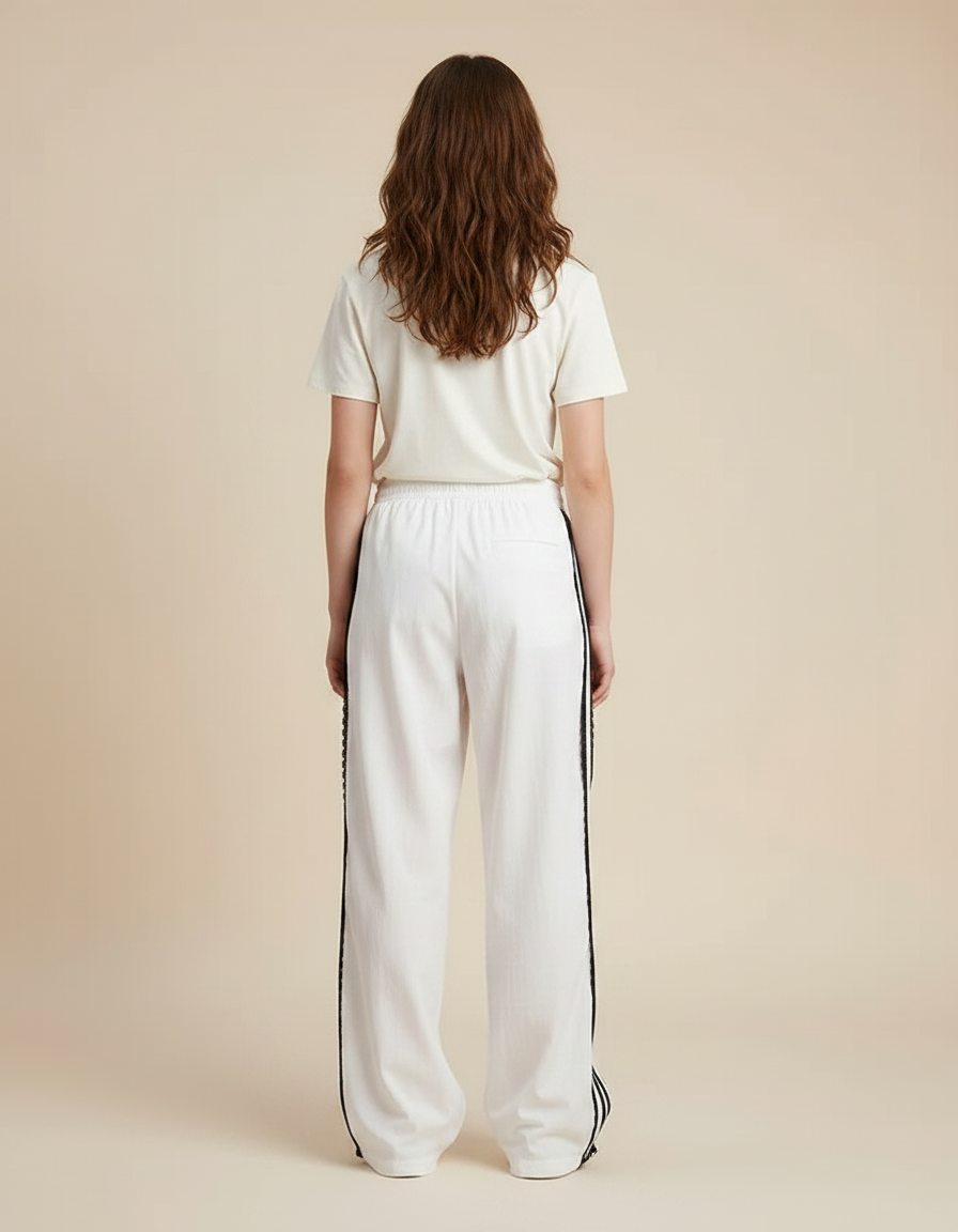 Pantalon Parachute Blanc Large Bandes Noires Femme - Coton - vue 2