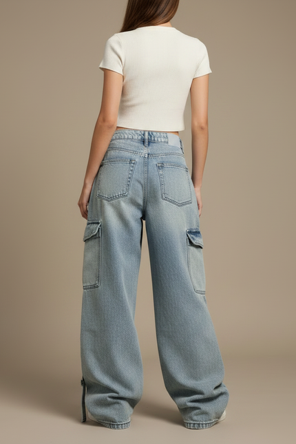 Pantalon Parachute Jean Ample Délavé Cargo Femme - Bleu - vue 2
