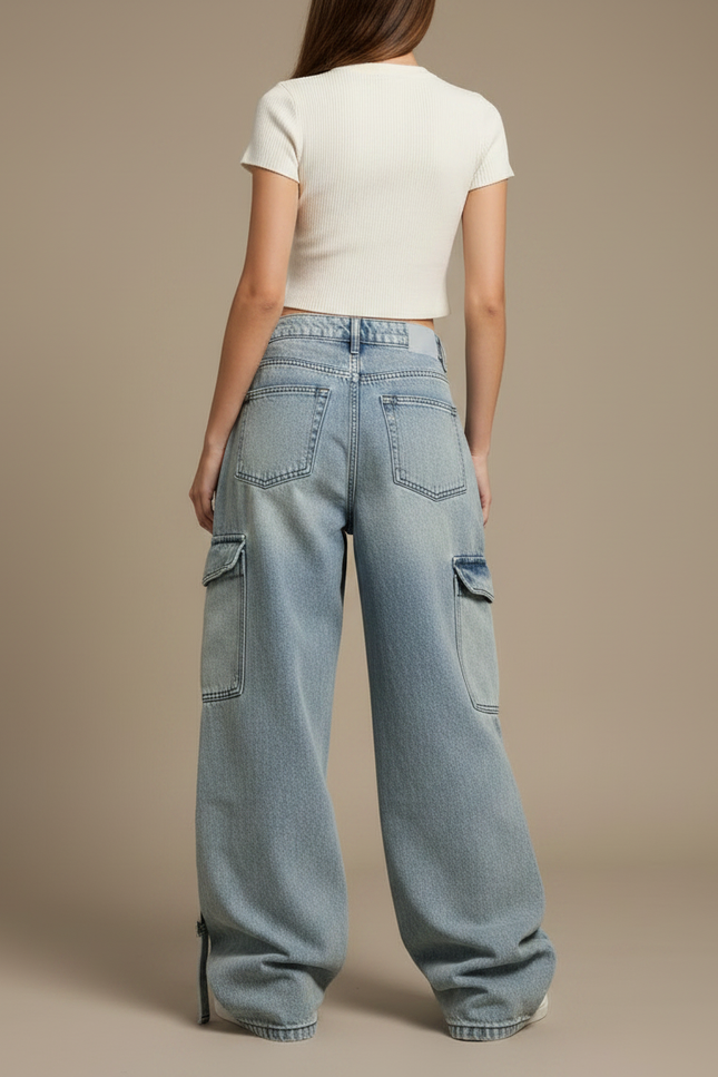 Pantalon Parachute Jean Ample Délavé Cargo Femme - Bleu - vue 2
