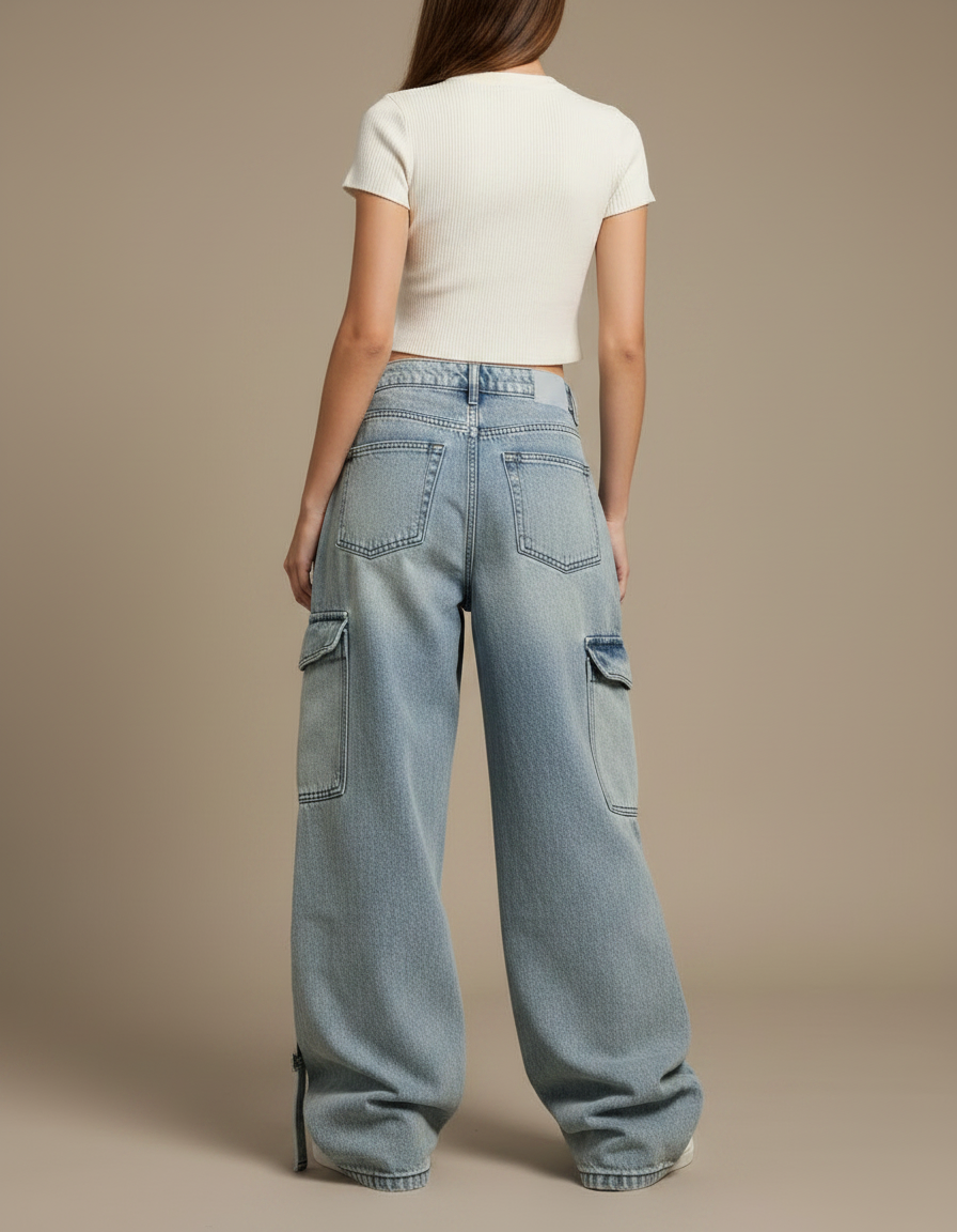 Pantalon Parachute Jean Ample Délavé Cargo Femme - Bleu - vue 2