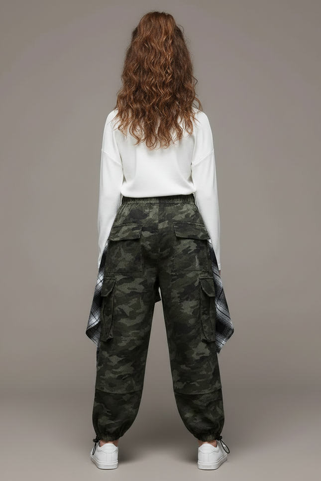 Pantalon Parachute Camouflage Ample Cargo Carreaux - Kaki Toile - vue 2