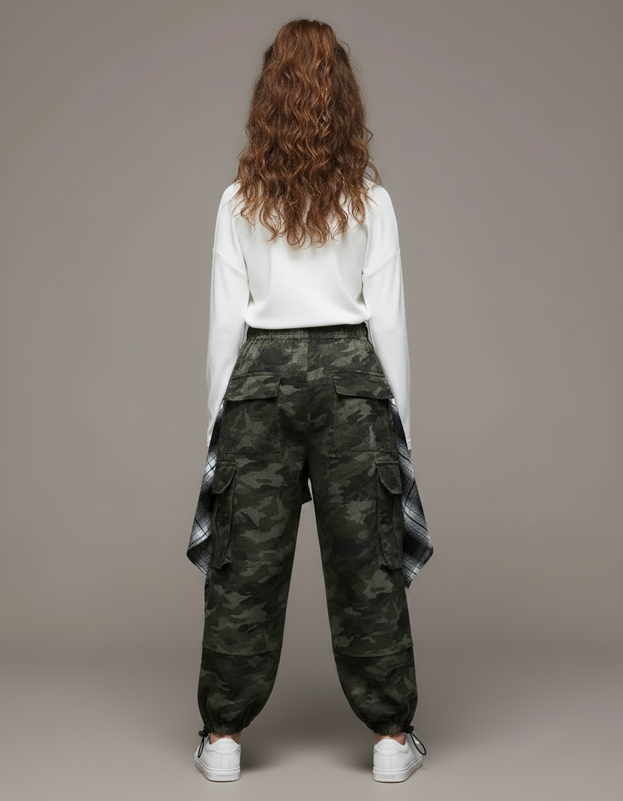 Pantalon Parachute Camouflage Ample Cargo Carreaux - Kaki Toile - vue 2