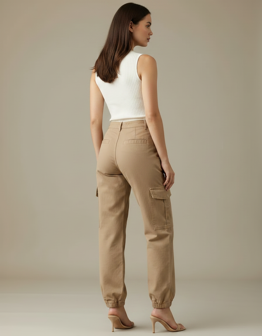 Pantalon Parachute Beige Cargo Ample Cordon Élastique - Toile - vue 2
