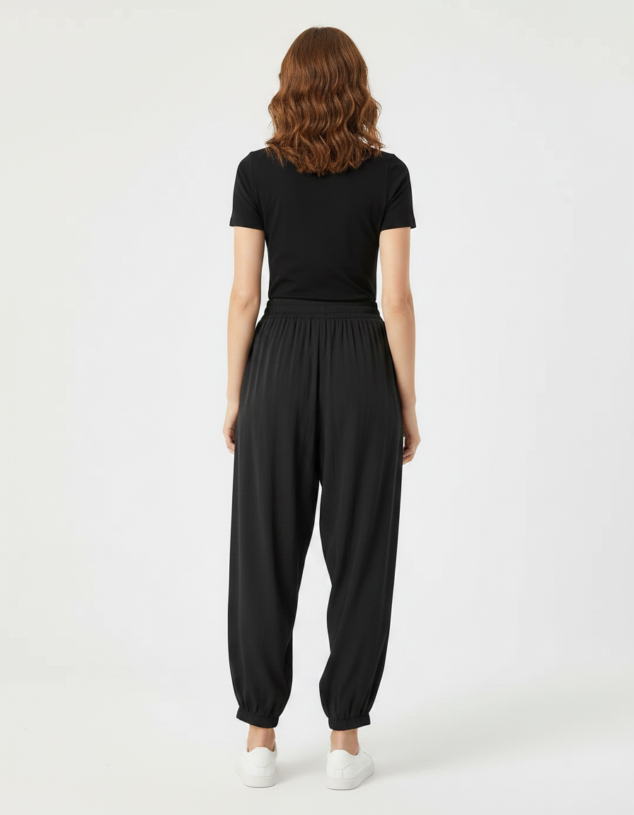 Pantalon Parachute Noir Fluide Ample Taille Haute - Viscose - vue 2