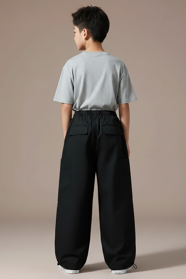 Pantalon Parachute Noir Cargo Ample Enfant Moderne - Polyester - vue 2