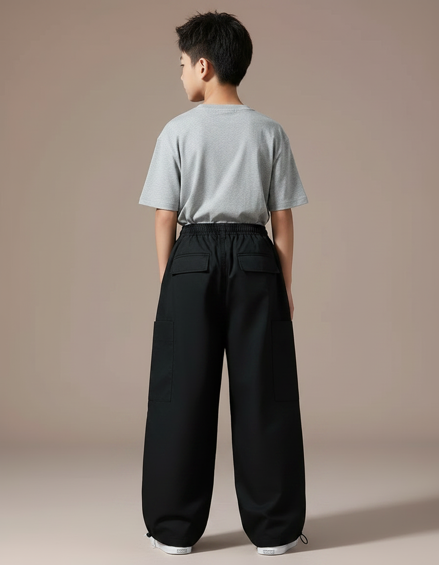 Pantalon Parachute Noir Cargo Ample Enfant Moderne - Polyester - vue 2