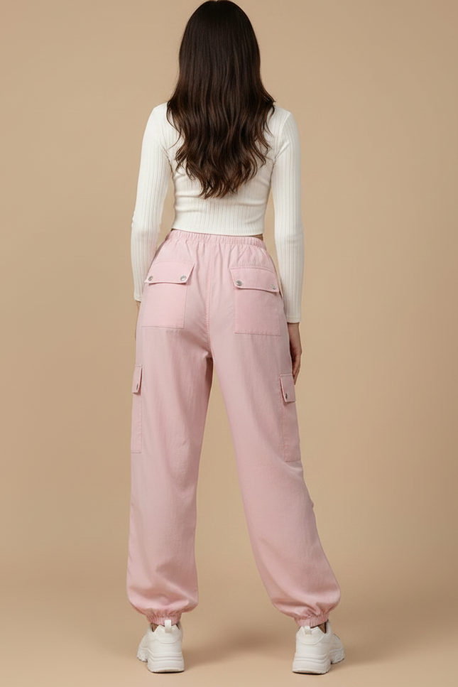 Pantalon Parachute Rose Cargo Ample Femme Y2K - Polyester - vue 2