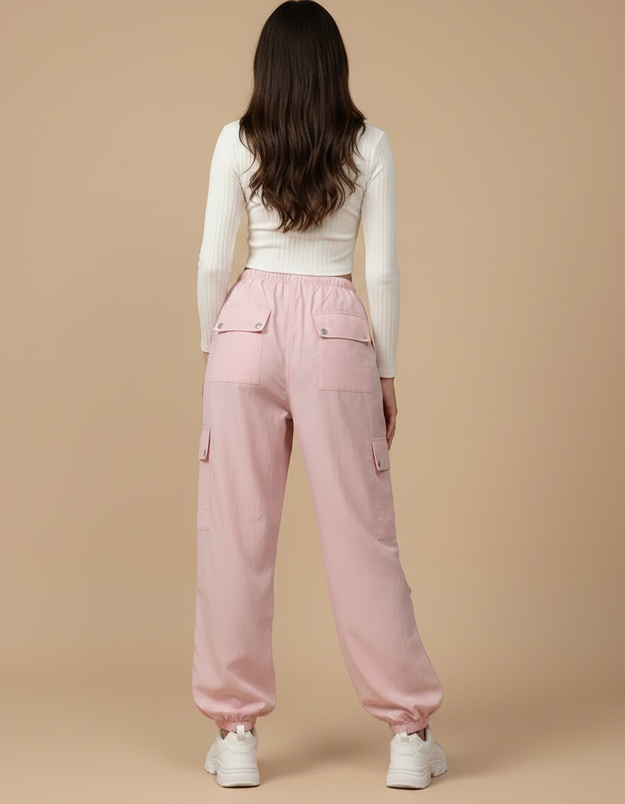 Pantalon Parachute Rose Cargo Ample Femme Y2K - Polyester - vue 2
