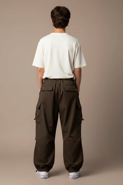 Pantalon Parachute Marron Ample Cargo Décontracté - Polyester - vue 2