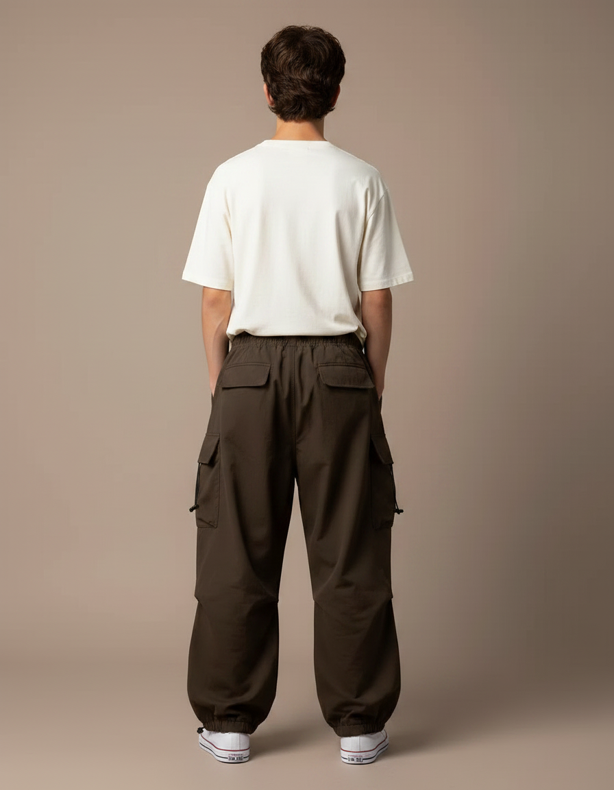 Pantalon Parachute Marron Ample Cargo Décontracté - Polyester - vue 2
