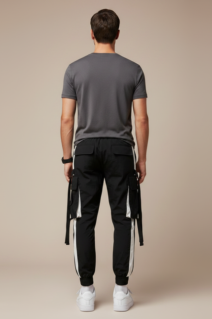 Pantalon Parachute Noir Cargo Cordon Streetwear Homme - Polyester - vue 2