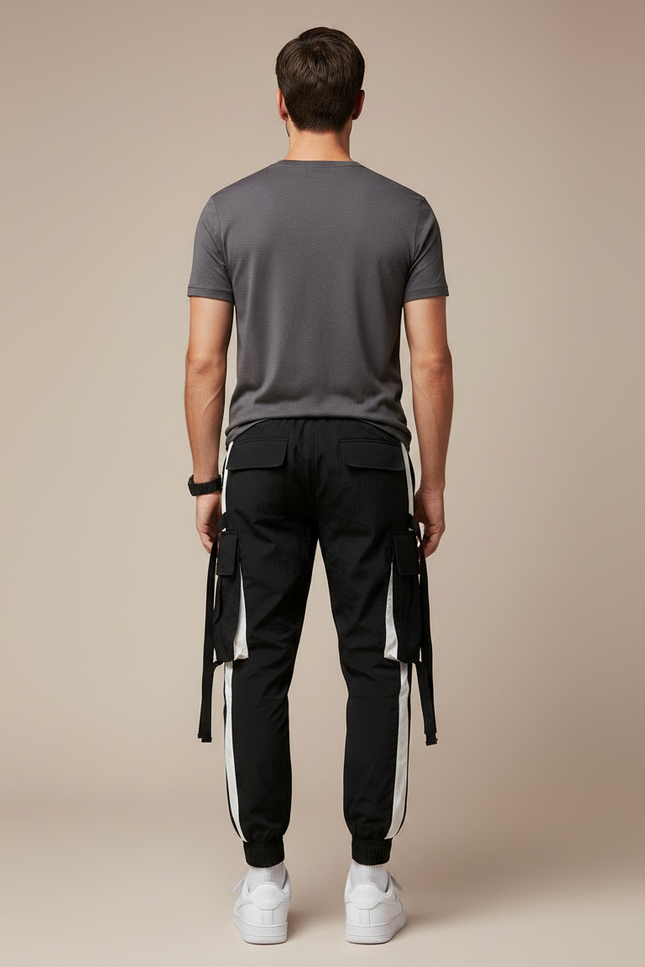 Pantalon Parachute Noir Cargo Cordon Streetwear Homme - Polyester - vue 2