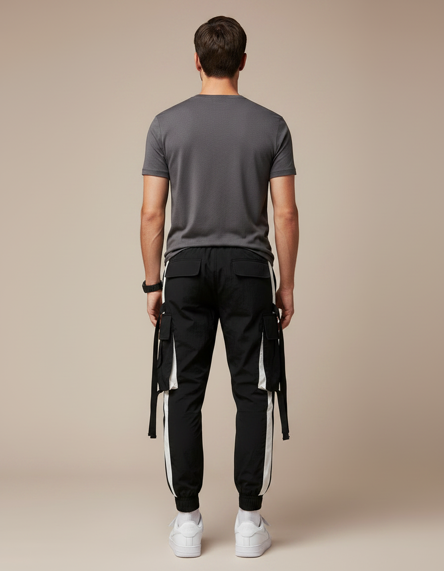 Pantalon Parachute Noir Cargo Cordon Streetwear Homme - Polyester - vue 2