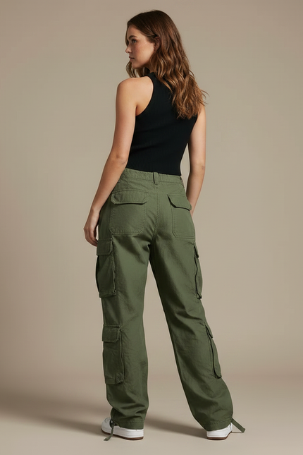 Pantalon Parachute Kaki Ample Cargo Femme Streetwear - Toile - vue 2