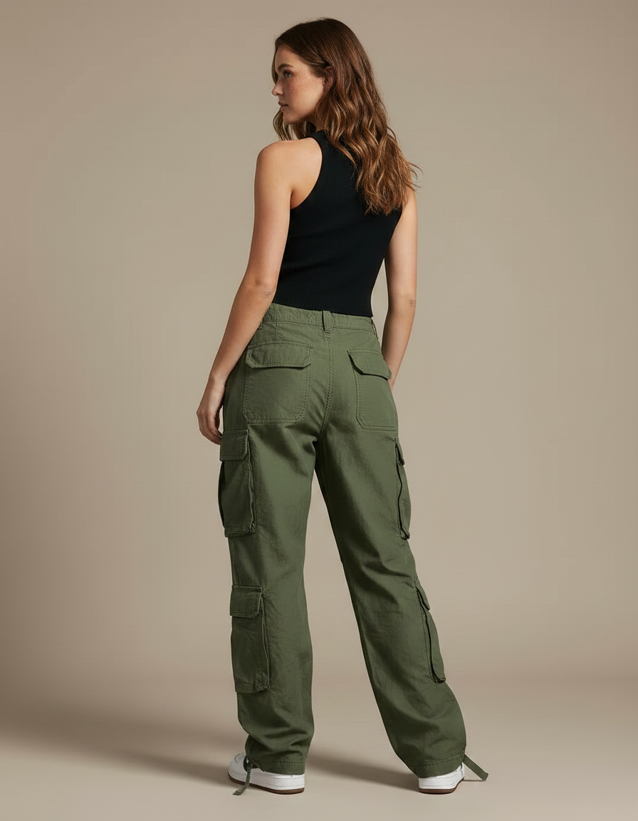 Pantalon Parachute Kaki Ample Cargo Femme Streetwear - Toile - vue 2