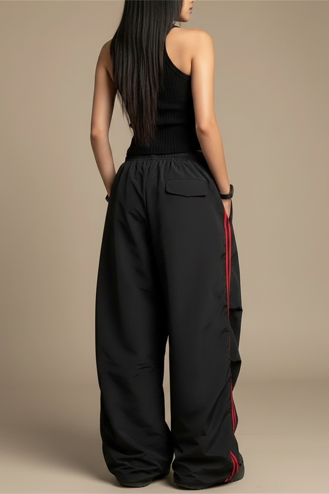 Pantalon Parachute Noir Ample Rayures Rouges - Polyester - vue 2