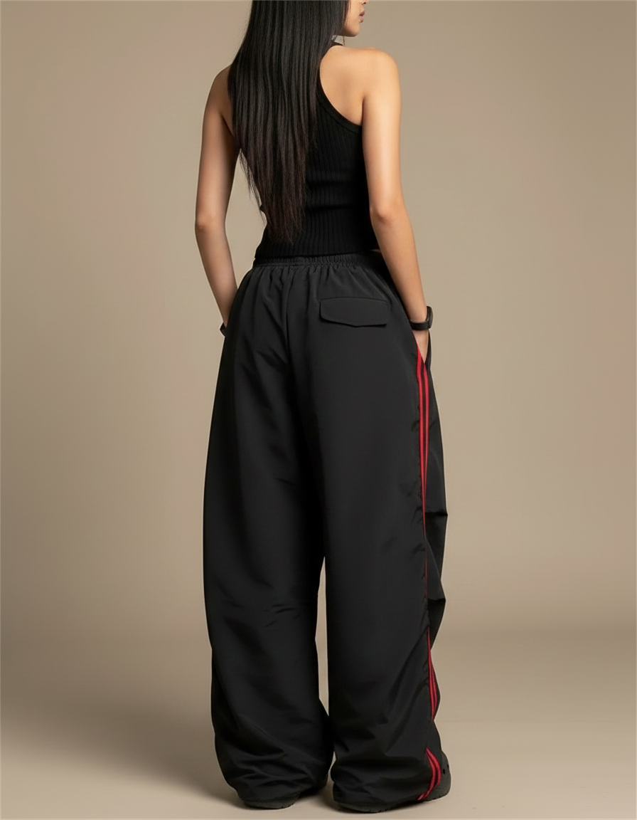 Pantalon Parachute Noir Ample Rayures Rouges - Polyester - vue 2