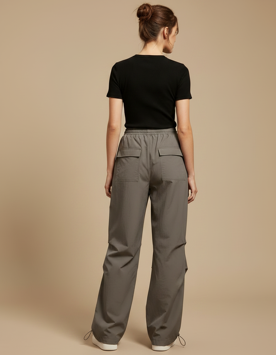 Pantalon Parachute Kaki Ample Décontracté Cordon Femme - Polyester - vue 2