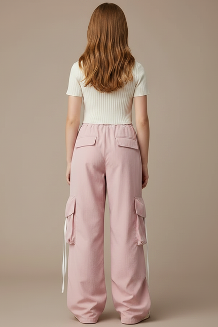 Pantalon Parachute Rose Cargo Ample Décontracté Fille - Polyester - vue 2
